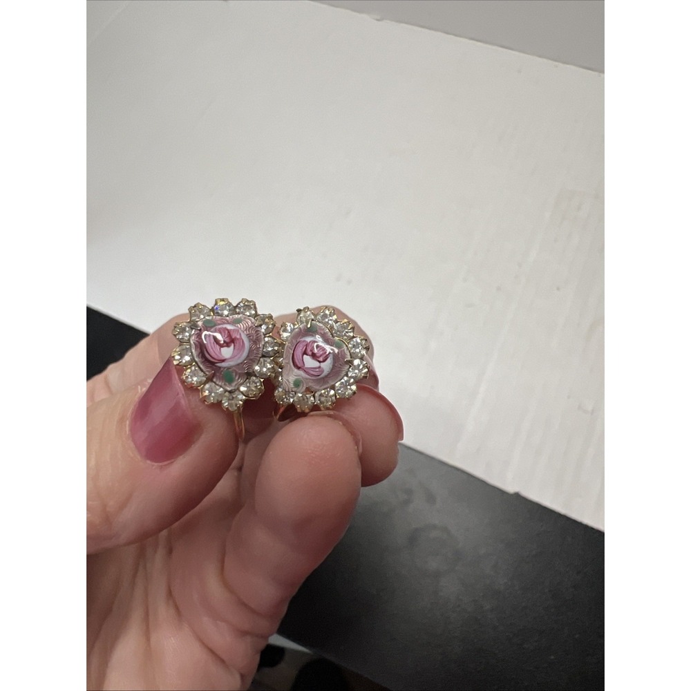Vintage Coro Enamel Rose Heart Earrings Rhinestone Halo Screw-Back 1940s